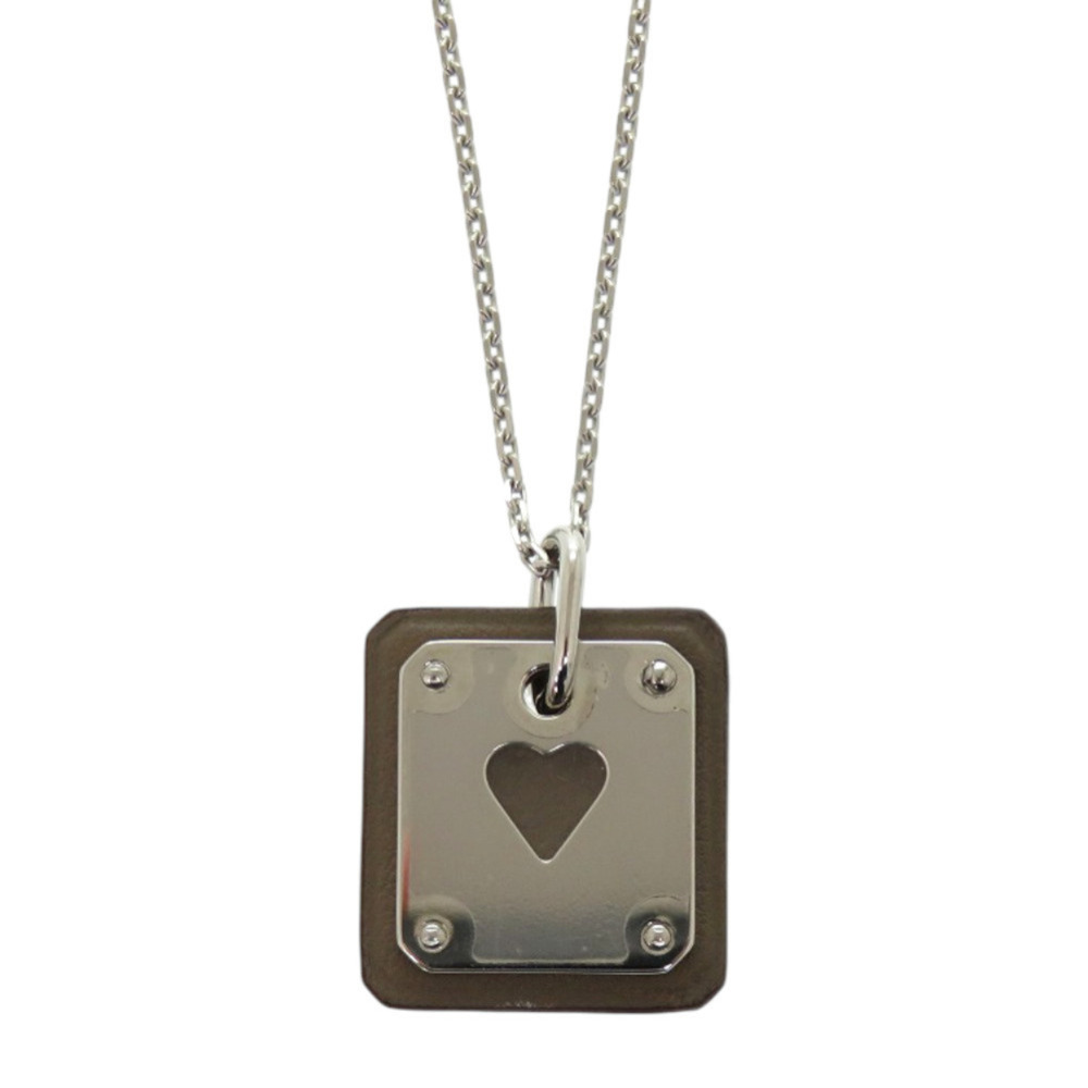 HERMES Silver Leather Heart Necklace